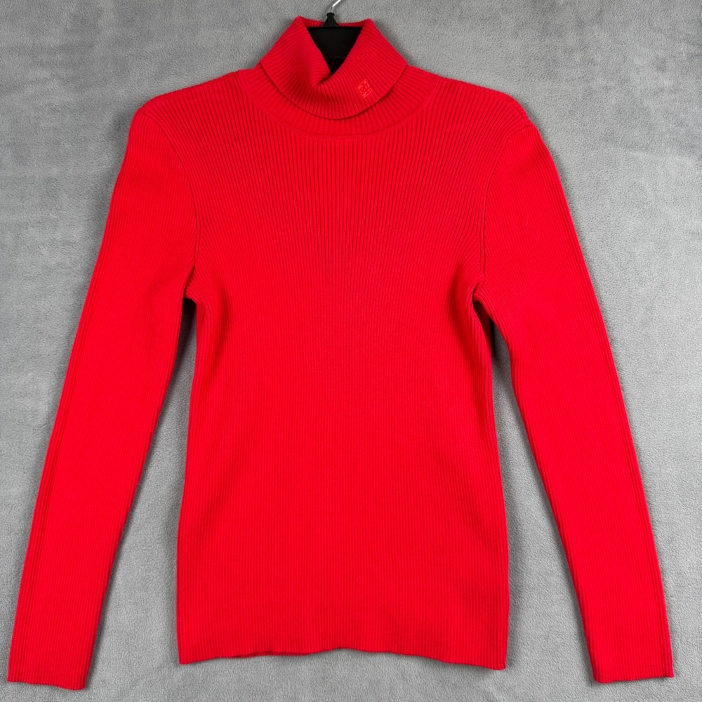 Lauren Ralph Lauren Red Ribbed Cotton Turtleneck Sweater Monogram Logo Medium